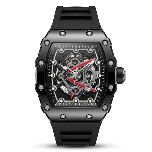 Apex Skeleton Black Edition luxury watch with black case, skeleton-style dial and black rubber strap