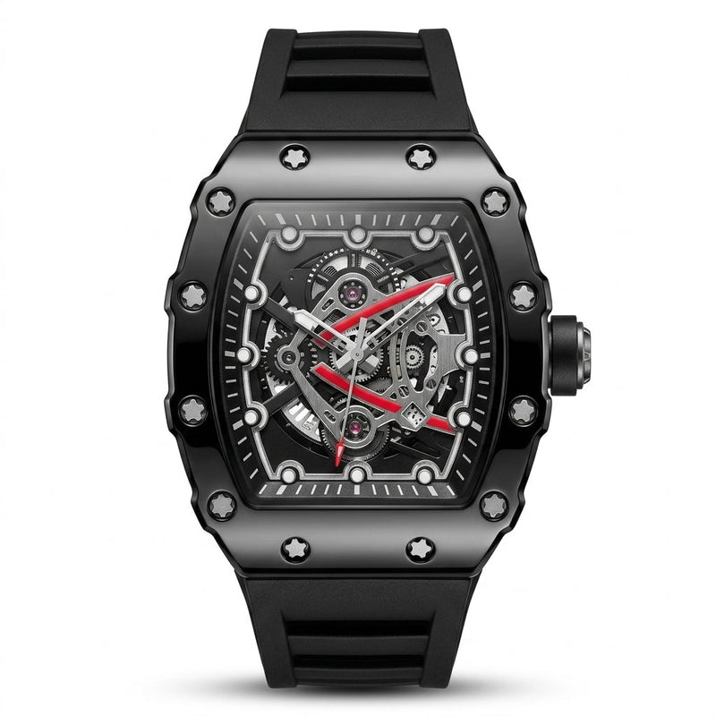 Apex Skeleton Black Edition luxury watch with black case, skeleton-style dial and black rubber strap