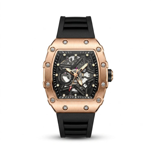 Apex Skeleton Rose Gold Edition luxury watch with rose gold case, skeleton-style dial and black rubber strap