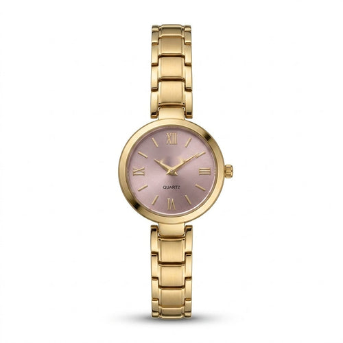 Assar Classic gold-tone watch with blush pink dial and Roman numeral markers