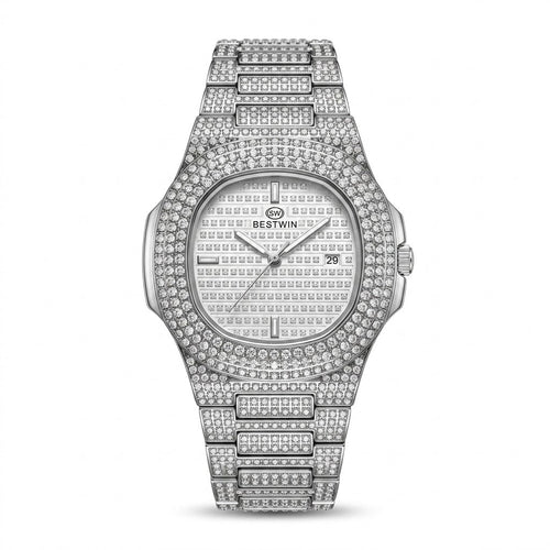 Bestwin iced silver luxury watch with crystal-set case and bracelet