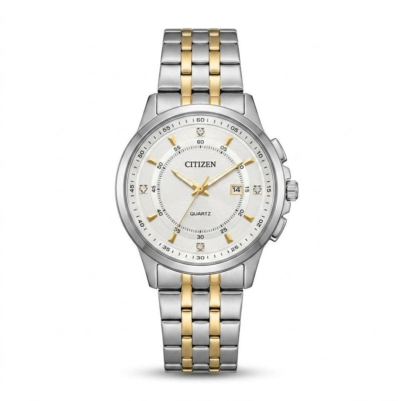 Citizen two-tone silver and gold watch with white dial and metal bracelet