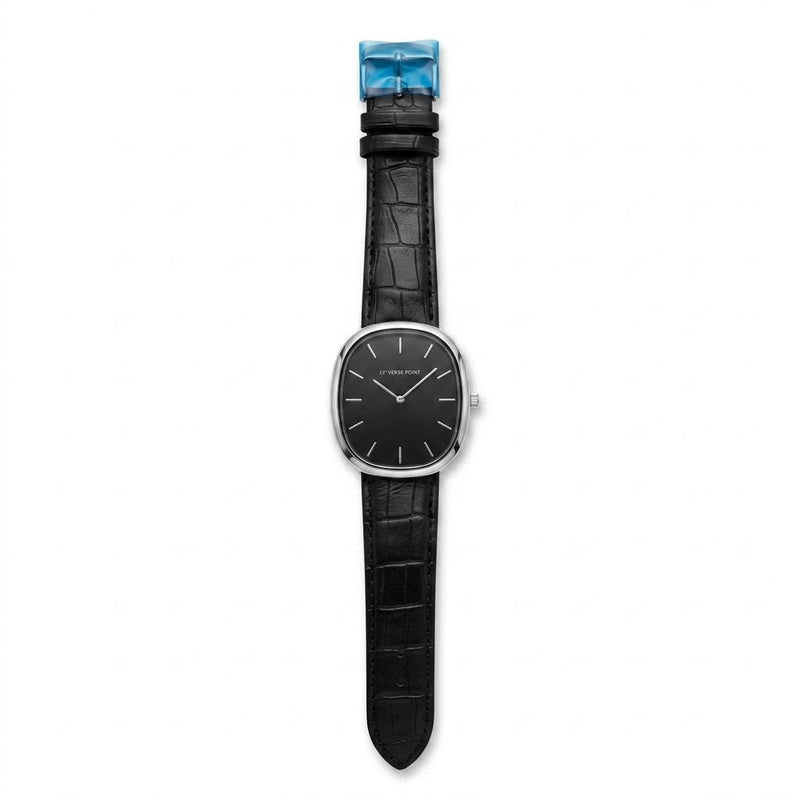 Universe Point black dial luxury watch with black leather strap